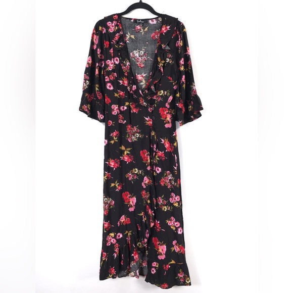 Lulus Midnight Magic Black Floral Print Ruffled Midi Dress Size MEDIUM - Picture 5 of 16